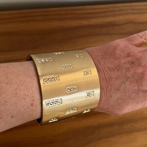 WIDE CUFF Brushed Gold Tone Metal Hinged Bracelet Rhinestone Accents Statement